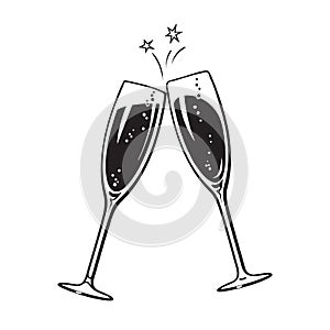 Two sparkling glasses of champagne or wine. Cheers icon. Retro style vector illustration on white background.
