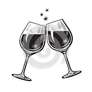 Two sparkling glasses of wine or champagne in vintage engraving style. Cheers icon. Retro vector illustration on white