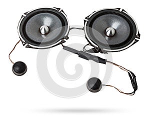 Two speakers of an acoustic system - an audio for playing music in a car interior on a white isolated background in a photo studio