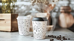 Two Speckled Coffee Cups on a Table