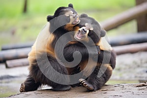 two spectacled bears in a playful wrestle