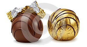 Two spherical chocolates are displayed. The chocolate on the left is partially photo