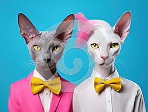 Two sphynx cats in suits with bow ties. The concept is quirky pet fashion.