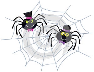 Two Spiders Wearing Hats On A Web