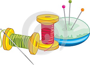 Two spools of thread with needle and dressmaking pins