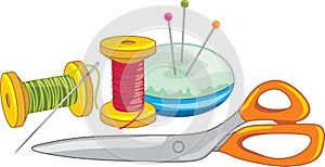 Two spools of thread with needle, dressmaking pins and scissors