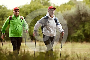 Two sportive people, middle age woman and man hiking in autumn forest at sunny day, outdoors. Scandinavian walking