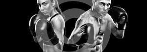 Two sportsmans boxers on black background. Copy Space. Sport concept.