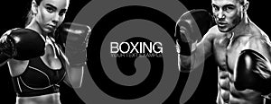 Two sportsmans boxers on black background. Copy Space. Sport concept.