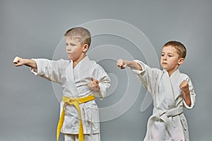 Two sportsmen are training with a punch on a gray background