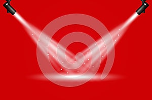 Two spotlights on red background. Spotlights effect, realistic vector illustration