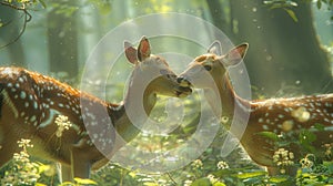 Two spotted deer nuzzling in forest