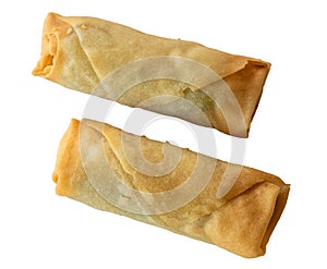 Two spring rolls isolated on white background.