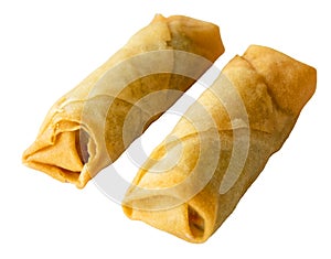 Two spring rolls isolated on white background.