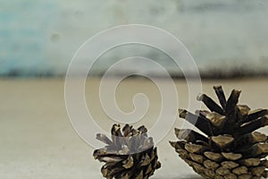 Two spruce cones lies on the craft background. The concept of winter and Christmas