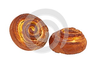 Two spun buns with sugar on a white background