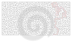 Two square mazes one solved with a pink line solution