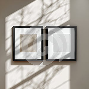 Two Empty Square Frames Mockup with Sunlight and Leaf Shadows