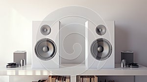 Two square white canvas Mockups hanging on the wall, hi fi micro system on bureau,3d rendering