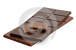 Two squares of milk chololate on top of dark chololate and milk chocolate bars. Isolated on white