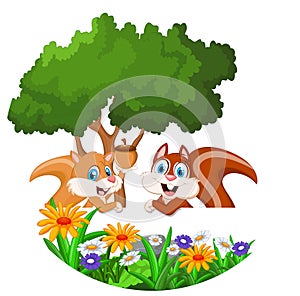 Two squirrel cartoon with blank sign