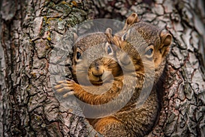 Two Squirrels Peeking from a Tree Hole