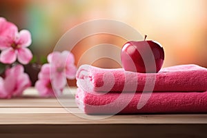 Two stacked pink towels and red ripe apple on wooden table on blurred background with beautiful blooming flowers
