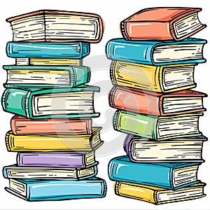 Two stacks colorful books leaning against other. Handdrawn style, vibrant primary secondary