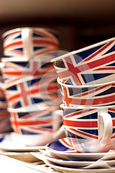 Union Jack British Flag tea cups with matching saucers