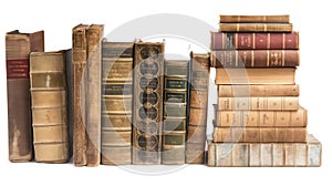 Two stacks of vintage hardcover books with ornate spines, isolated on a white background