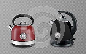 Two stainless steel red and black stovetop kettle, on transparent background.