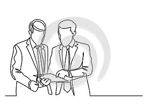 Two standing businessmen discussing work problem - continuous line drawing