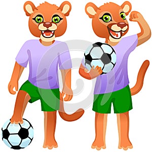 Two standing cougars as the footballers in uniform with the soccer ball