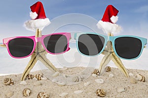 Two starfish with Santa hat and sunglasses