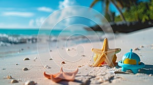 Two starfish and a toy fish on beach