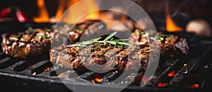 Two steaks sizzling on a grill with flames in the background