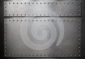 Two steel plates with rivets over metal background