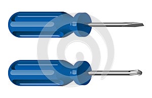 Two steel screwdrivers with plastic blue handles, cross and flat