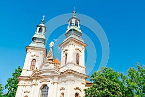 Two steeples of The Church of St. Jan Nepomucky at Skalka. Prague, Czech Republic