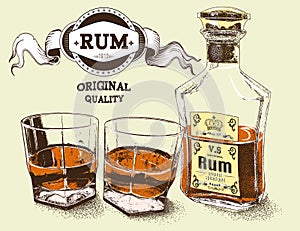 Two stemware of rum with bootle