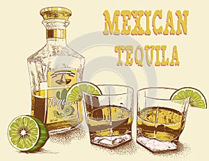 Two stemware of tequila with bottle