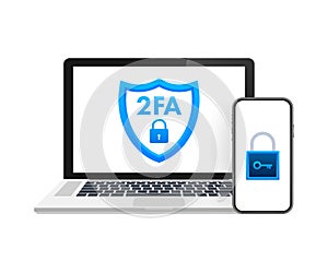 Two step authentication 2fa, flat cartoon smartphone and computer safety login or signin. Vector stock illustration.