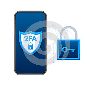 Two step authentication 2fa, flat cartoon smartphone and computer safety login or signin. Vector stock illustration.