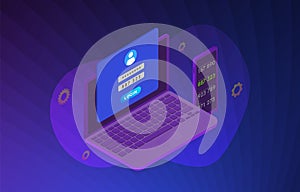 Two Step Authentication 2FA - 2 steps verification secure password concept. Isometric laptop and smartphone with UI UX