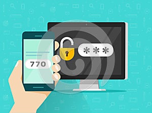 Two step authentication on smartphone vector illustration, flat cartoon cellphone and computer safety login or signin