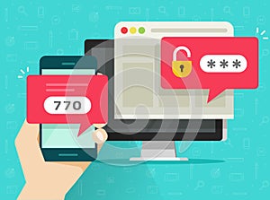 Two step authentication vector illustration, flat cartoon smartphone and computer safety login or signin, two steps