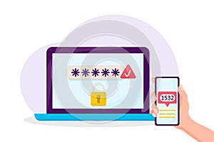 Two step authentication vector illustration, flat cartoon smartphone and computer safety login or signin, two steps