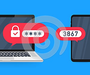 Two step authentication vector illustration, flat cartoon smartphone and computer safety login or signin. Vector illustration.