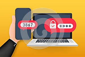 Two step authentication vector illustration, flat cartoon smartphone and computer safety login or signin. Vector stock