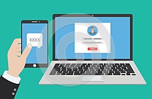 Two steps authentication concept. Verification by smartphone. Vector illustration